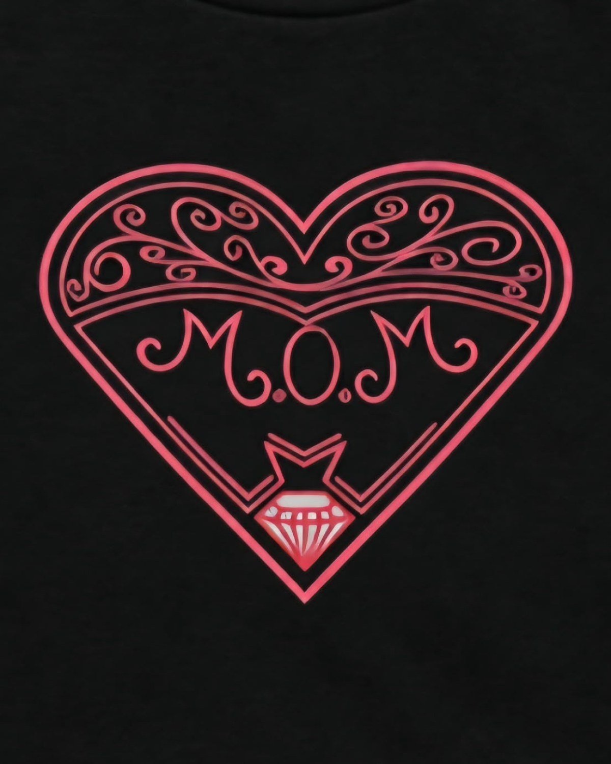 The M.O.M. heart, printed in rose pink on a black tee